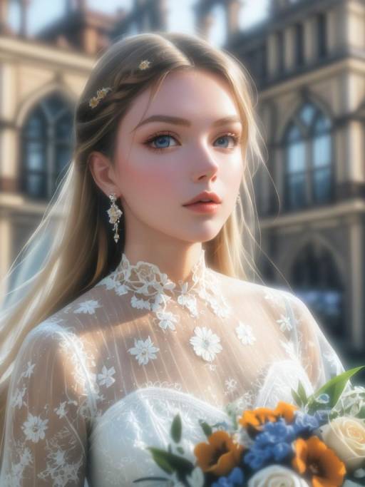 Bride with Lace Dress and Bouquet