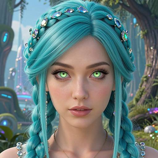 CGI fantasy portrait of a fair-skinned woman with vibrant turquoise braided hair, glowing green eyes, adorned with gemstones, in a mystical forest