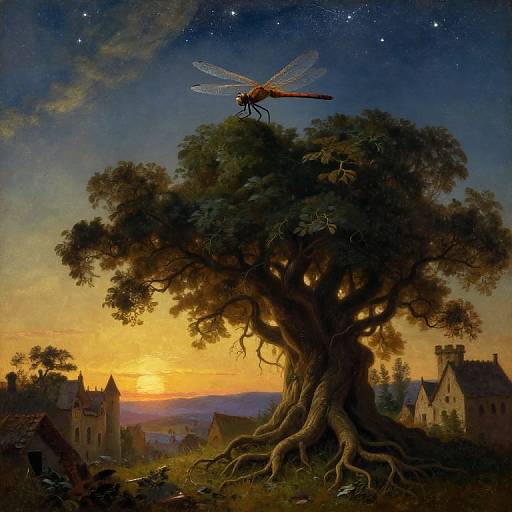 Fantasy painting of a large tree with a dragonfly perched on top at sunset, surrounded by medieval houses and a starry sky.