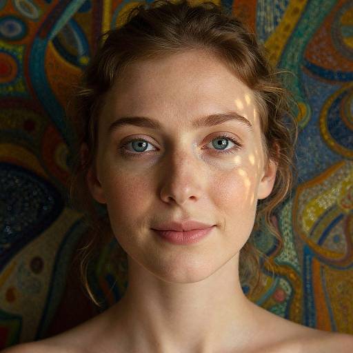 Photograph of a fair-skinned, blue-eyed woman with light brown hair, freckles, and natural makeup, smiling gently against a colorful,