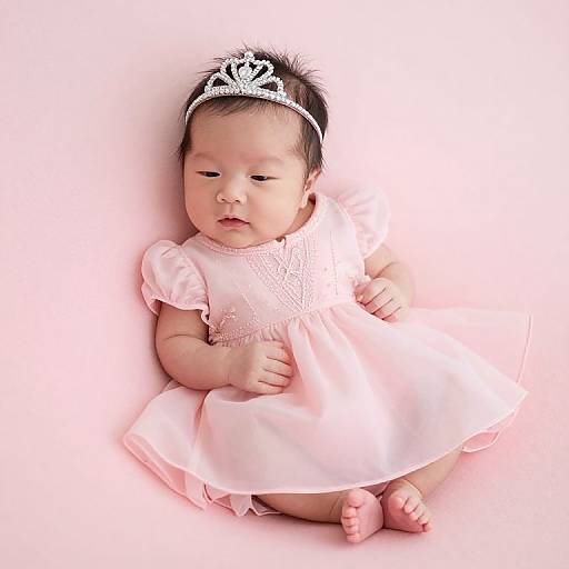 Photograph of a sleeping Asian baby girl in a pink dress and silver tiara, lying on a soft pink background.