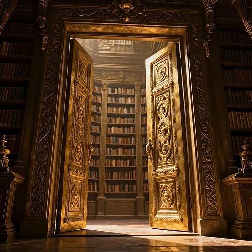 Golden, intricately carved double doors open to a dimly lit, expansive library filled with towering bookshelves, bathed in warm, ambient light