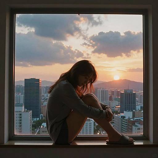Silhouetted woman with long hair sitting on window ledge, cityscape and sunset in background, wearing a gray shirt and shorts. Photographic image
