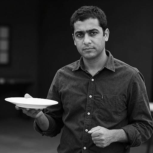 Serious Man with Plate in Black and White