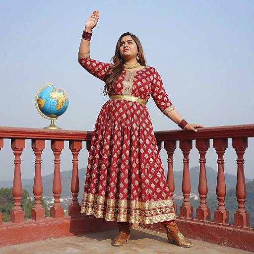 Plus Size Indian Woman in Traditional Dress on Balcony