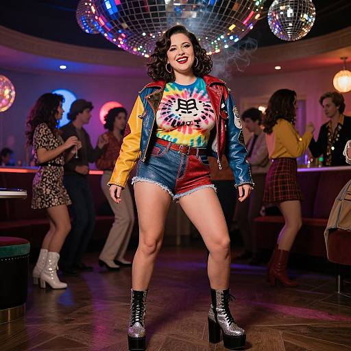 Photograph of a confident woman with curly hair, red lipstick, wearing a colorful tie-dye shirt, denim shorts, leather jacket, and black boots