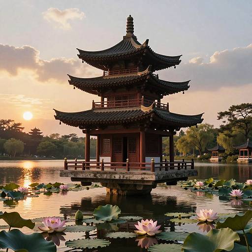 Serene Floating Oriental Garden Pagoda