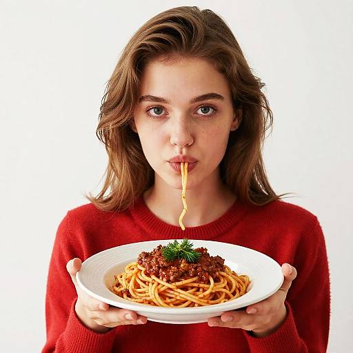 Young Woman Eating Spaghetti Portrait