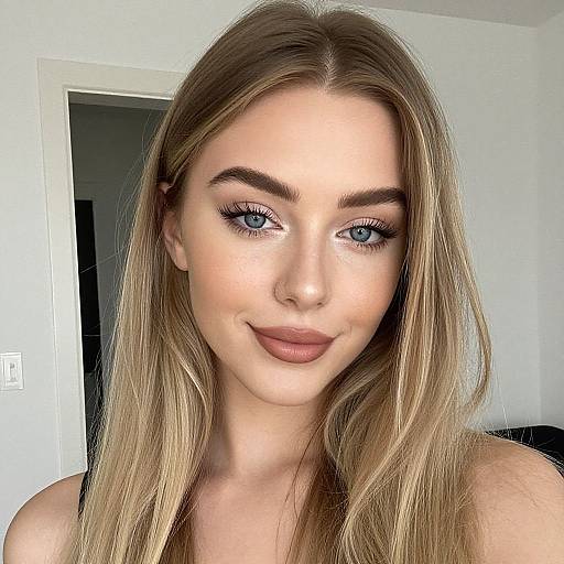 Photograph of a young woman with long, straight blonde hair, blue eyes, and full pink lips, smiling softly in a brightly lit room.