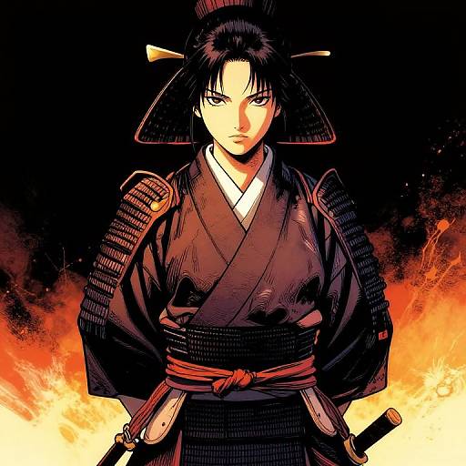Digital anime-style illustration of a fierce samurai woman with black hair, wearing a traditional black kimono, samurai armor, and holding a sword,