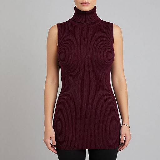 Photograph of a woman with light skin wearing a sleeveless, high-neck, ribbed, dark maroon turtleneck dress and black pants,