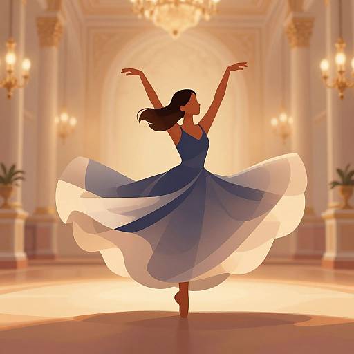 Digital illustration of a dark-haired woman in a flowing blue and white dress, dancing gracefully in an elegant, golden-lit ballroom.