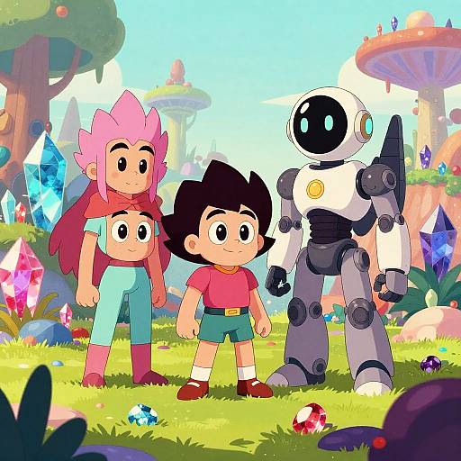 Digital cartoon of three children and a robot in a colorful, fantasy forest with crystals and mushrooms, standing on green grass.