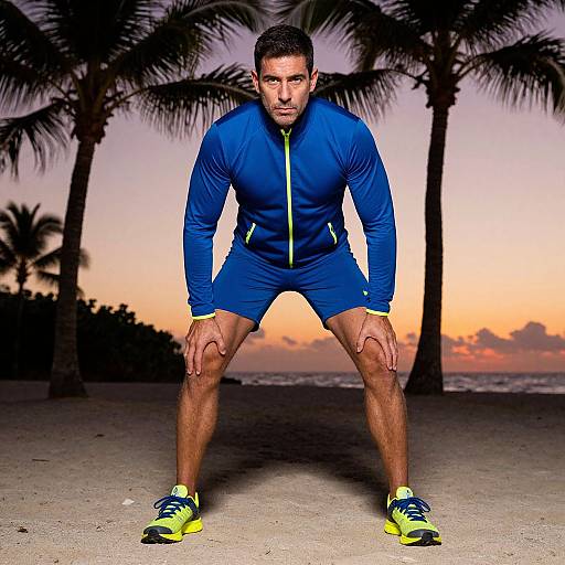 Photograph of muscular man in blue athletic outfit and neon yellow shoes, crouched on sandy beach at sunset, palm trees silhouetted against