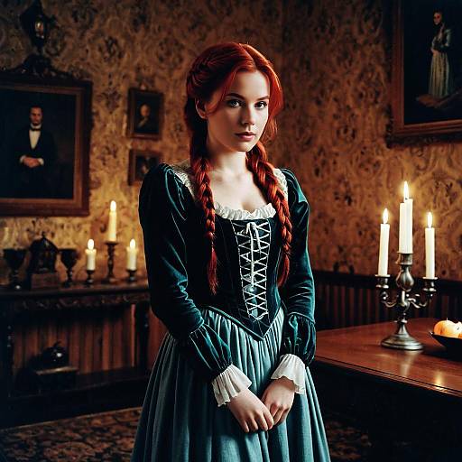 Red-haired woman in vintage dress with braided hair and candles