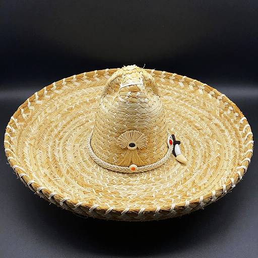 Photograph of a large, straw sombrero with a woven brim and central crown, dark background, small black and red object on right.