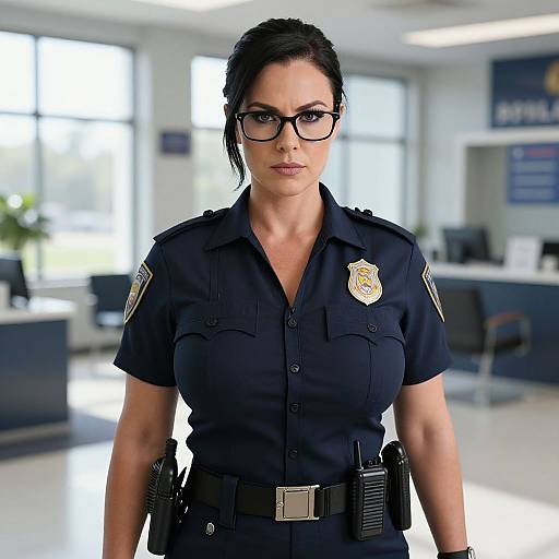 Photograph of a confident, dark-haired police officer with black-framed glasses, wearing a dark blue uniform, badge, and belt, standing in a