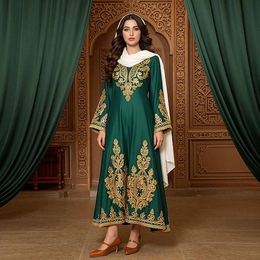 Elegant Woman in Traditional Green Dress