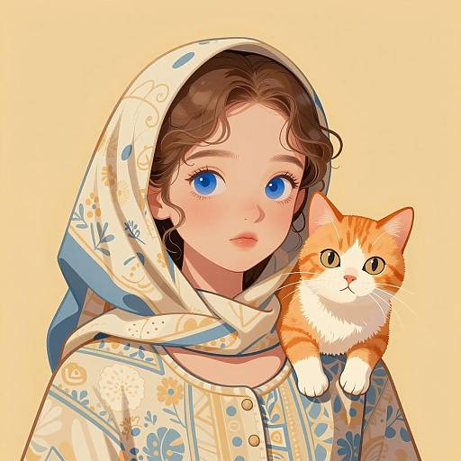 Charming Girl with Cat Illustration