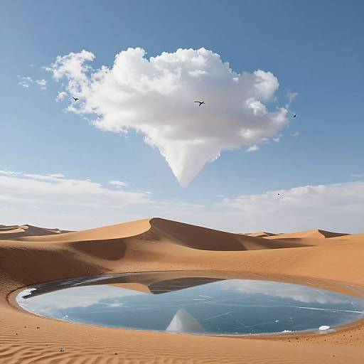 Photorealistic digital image of a serene desert oasis with a circular, reflective water pool surrounded by golden sand dunes under a bright blue sky with a