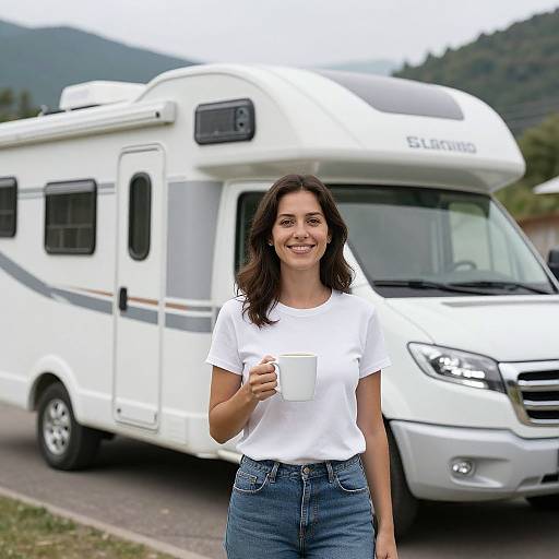 Woman Enjoying Coffee by Camper RV