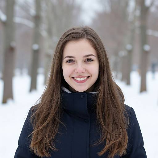 Photograph of a smiling young woman with long brown hair, wearing a black coat, standing in a snowy, tree-lined forest.