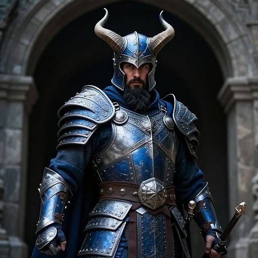 Photorealistic image of a bearded Viking warrior in shiny silver armor with horns, standing in a dark stone archway.