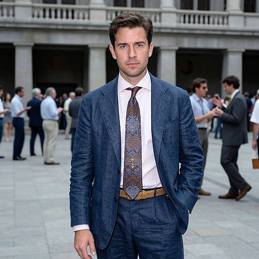 Confident Man in Navy Suit at Trading Floor