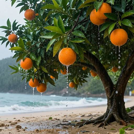 Photograph of a rain-soaked orange tree with bright orange fruits and green leaves, droplets of water hanging, beach and ocean in the background.