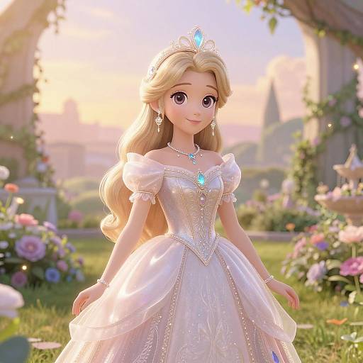 Digital CGI image of a blonde, blue-eyed princess in a white, sparkling ball gown with a blue gem tiara, standing in a sunlit,