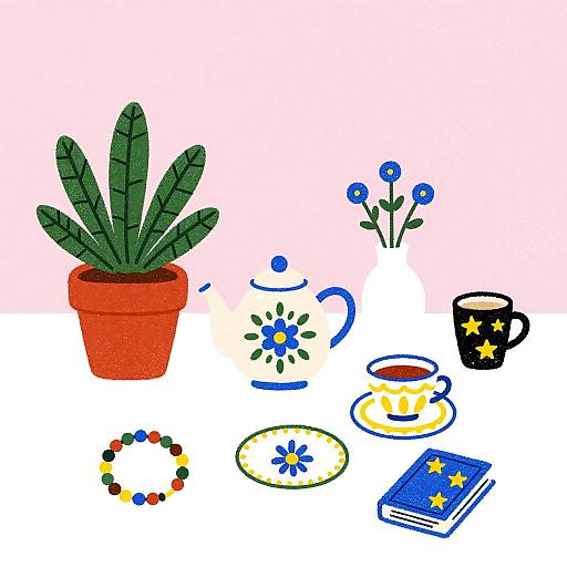 Colorful Hand-Drawn Tabletop Scene