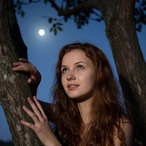 Photograph of a fair-skinned, red-haired woman with blue eyes, gazing upward, holding a tree trunk under a moonlit, dark blue