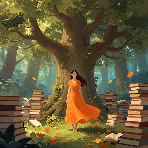 Digital painting: Enchanting forest scene with a woman in an orange dress, flowing hair, standing amid scattered books and falling leaves beneath a large,