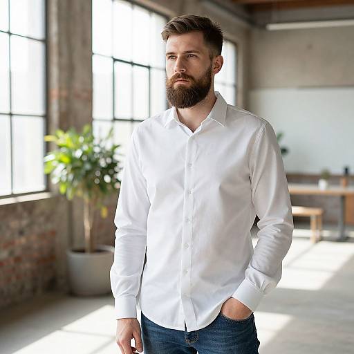 Photograph of a bearded man with short brown hair, wearing a white button-up shirt and blue jeans, standing in a sunlit, industrial-style