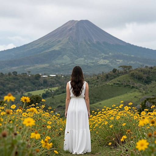 Photograph of a woman with long black hair in a white dress, standing in a yellow flower field, facing a large, green mountain under a cloudy