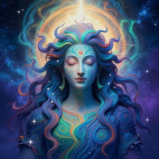 Digital art of a serene, blue-skinned goddess with flowing, multicolored hair, starry face, and ethereal halo in a cosmic background