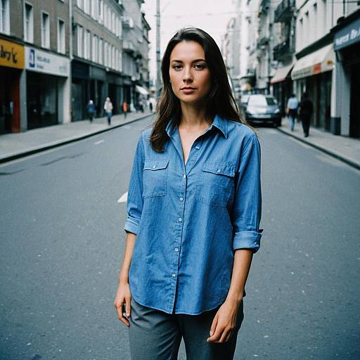 Photograph of a young woman with long brown hair, wearing a blue denim shirt and gray pants, standing on a narrow, urban street with buildings on
