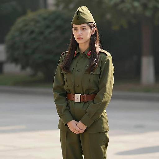 Serious Girl in Military Uniform Outdoors