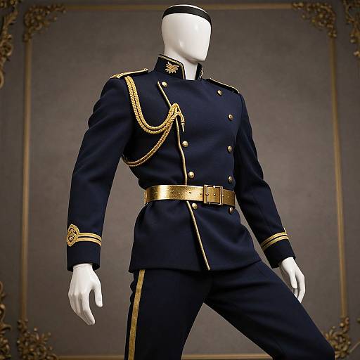 Photograph of a white mannequin wearing a dark navy military-style uniform with gold accents, including epaulettes, chain, and belt,