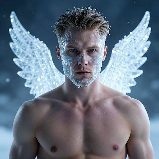 Photorealistic CGI of a muscular, shirtless man with icy blue wings, frost on his face, intense blue eyes, and short blonde hair,