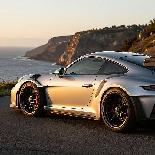Photograph of a sleek, silver, high-performance sports car with black rims, parked on a coastal road at sunset, overlooking cliffs and ocean.