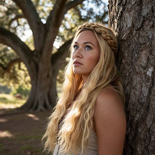 Photograph of a blonde woman with long wavy hair, braided crown, leaning against a tree in a sunlit, wooded area.