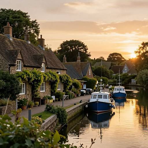 Photograph of a serene, sunlit English village canal with stone cottages, potted plants, and three blue boats moored along the calm water