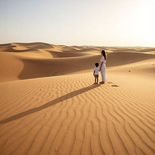Photograph of a woman in a white dress and a small child standing in a vast, sunlit desert with rippled sand dunes stretching to the
