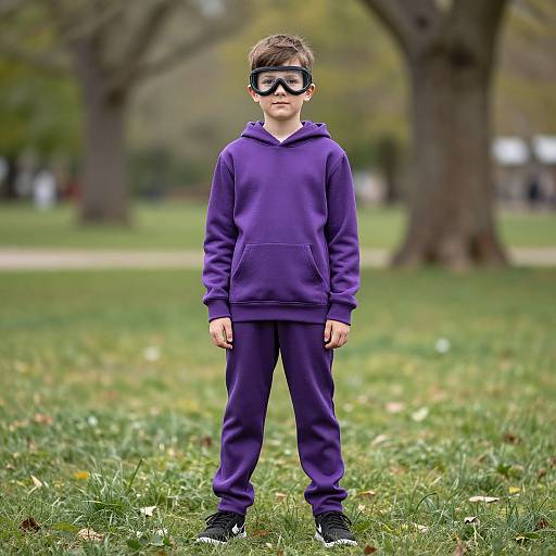 Photograph of a young boy with short brown hair, wearing a purple hoodie and pants, black sneakers, and black sunglasses, standing in a grassy