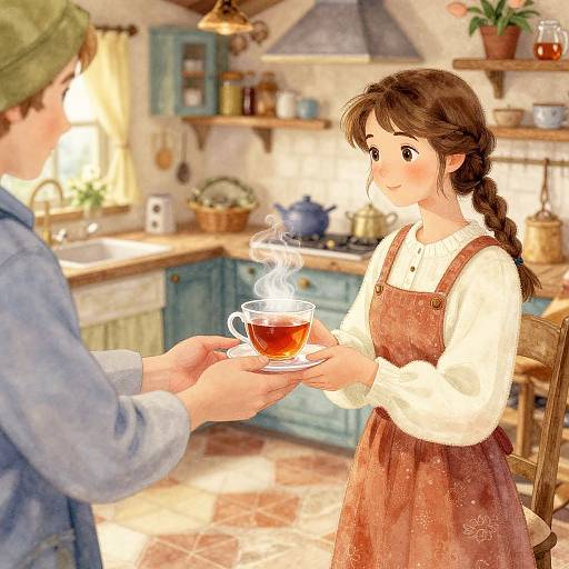 Digital illustration of a sunlit kitchen: a woman in a brown apron and white blouse receives a steaming teacup from a man in a