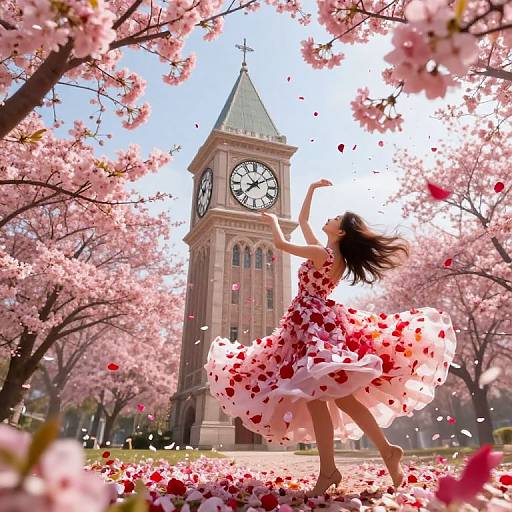 Digital art: Silhouette of a dancing woman in a pink dress with red rose petals, surrounded by blooming cherry trees, and a clock tower in