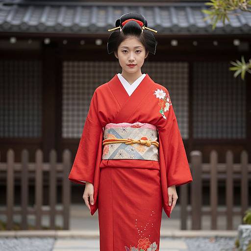 Asian Woman in Red Kimono