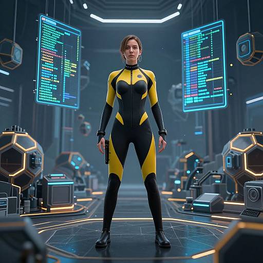 CGI image of a confident woman in a black and yellow futuristic bodysuit, standing in a high-tech, illuminated lab with floating screens and hex