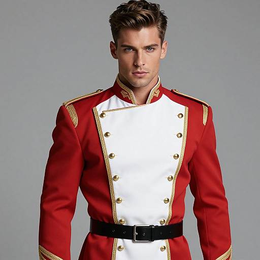 Photograph of a handsome, young white man with short brown hair, wearing a red and white military-style uniform with gold trim and black belt, standing